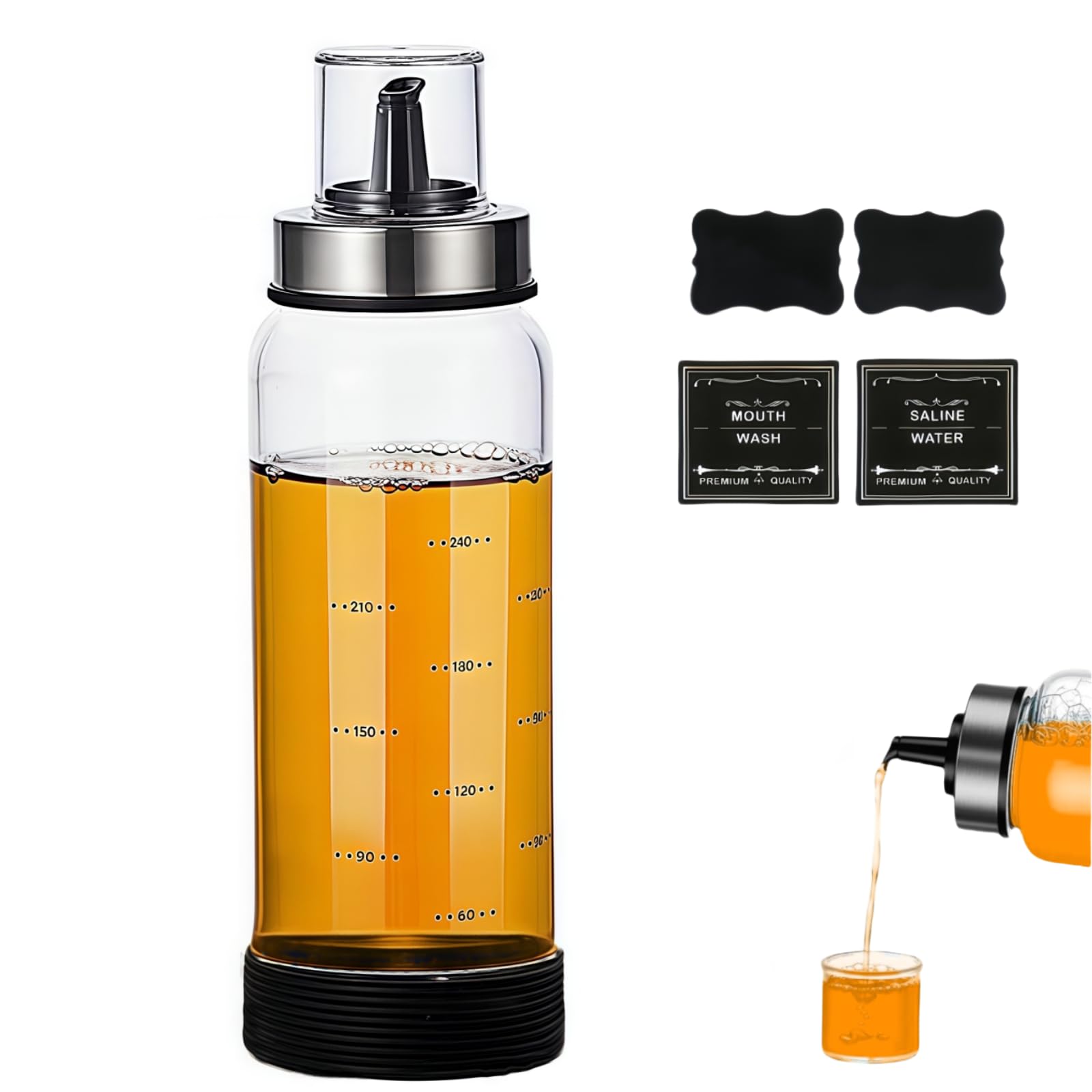 Photo 1 of 1 Pack Glass Mouthwash Dispenser, 10.2oz Mouth Wash Container Bottle with Lid Cup, Refillable Glass Mouth Wash Decanter, Small Clear Mouthwash Bottle for Farmhouse Decor with Silicone Pad/4Labels