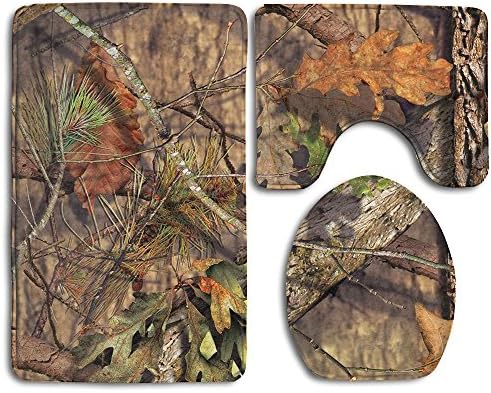 3 Piece Bath Mat Set Hunting Camo Non Slip Bathroom Mats Contour Toilet Cover Rug