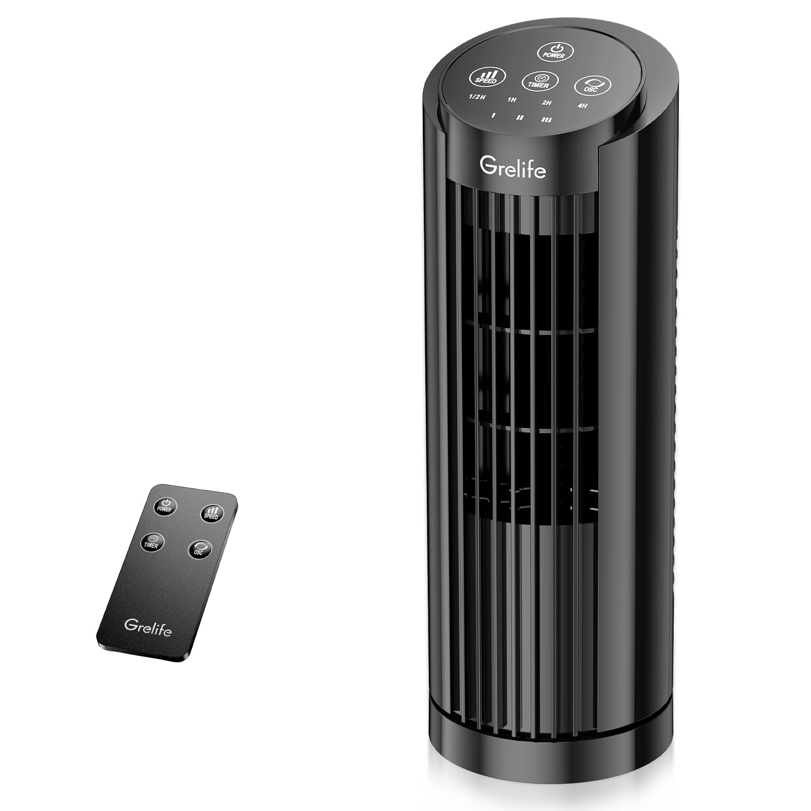 Photo 1 of Grelife 13'' Tower Fan for Bedroom, 26dB Quiet Floor Fan with Remote, 3 Mode, 1-8H Timer, 90° Oscillating Fans for Indoors with 27ft/s Velocity, Portable Desk Table Fan for Room, Home, Office,Black