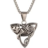 Men'S And Women'S Fox Celtic March Goddess Pendant Necklace With Triangular Hollow Design, 316L Stainless Steel, Silver Stainless Steel Square Pearl Chain, Vintage Nordic Amulet Jewelry