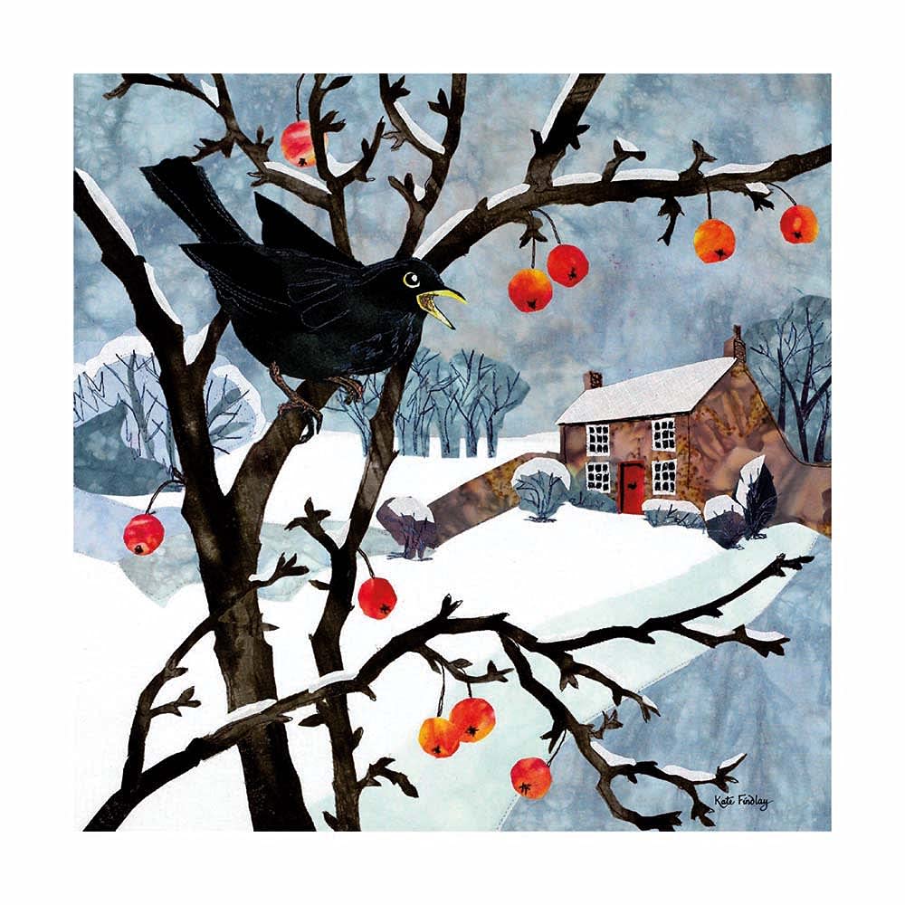 8 Bird on a Branch Christmas Cards - Blackbird and Crabapples by Kate Findlay