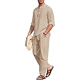 COOFANDY Men's 2 Pieces Cotton Linen Set Long Sleeve Henley Shirts Casual Beach Pants With Pockets Summer Yoga Outfits