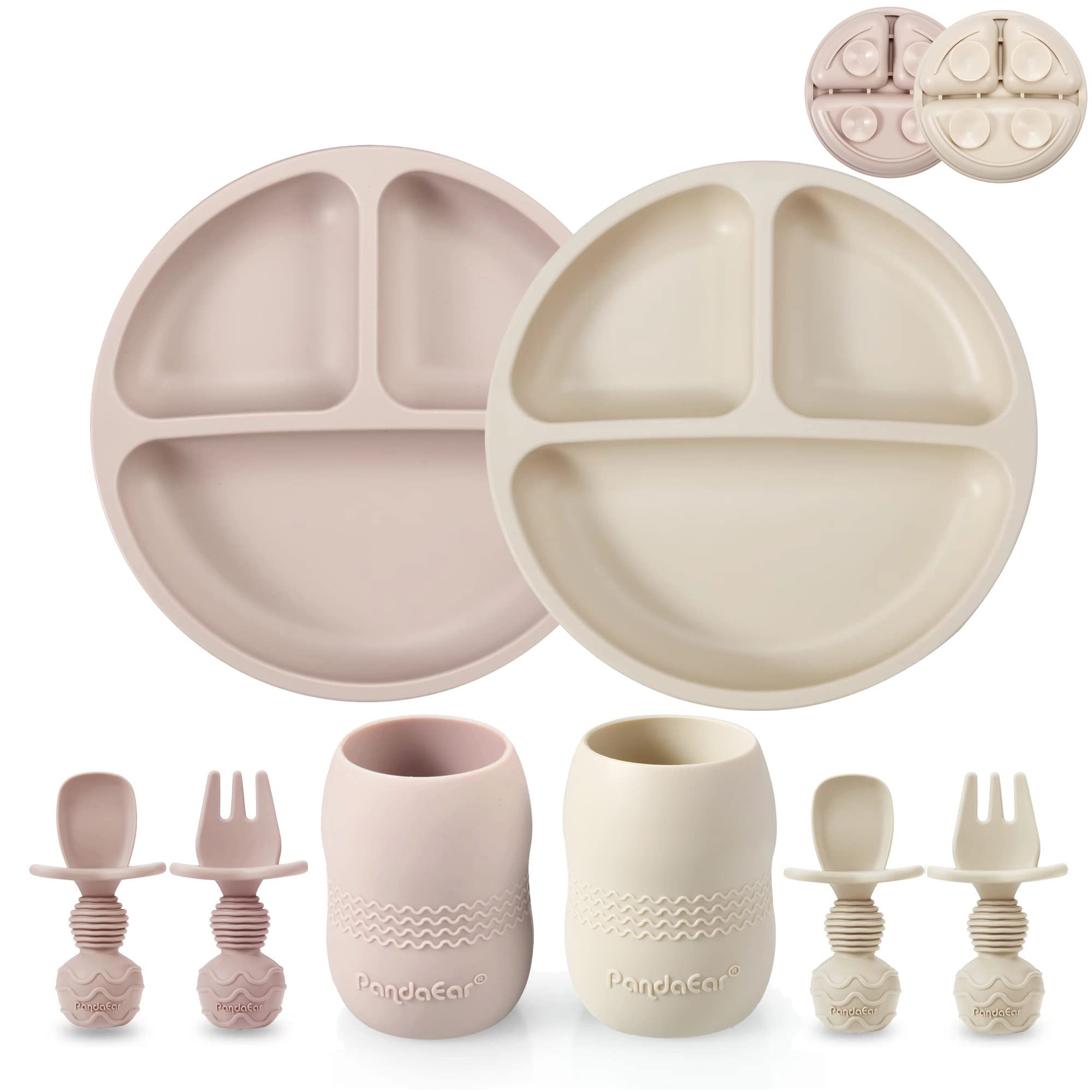 PandaEar Silicone Baby Feeding Set| 2 Pack Silicone Divided Suction Plate and 2 Pack Tiny Cup with 2 Spoons 2 Forks| Baby Led Weaning Supplies Self Feeding Eating Utensils (Light Tan/Pink) — image 1