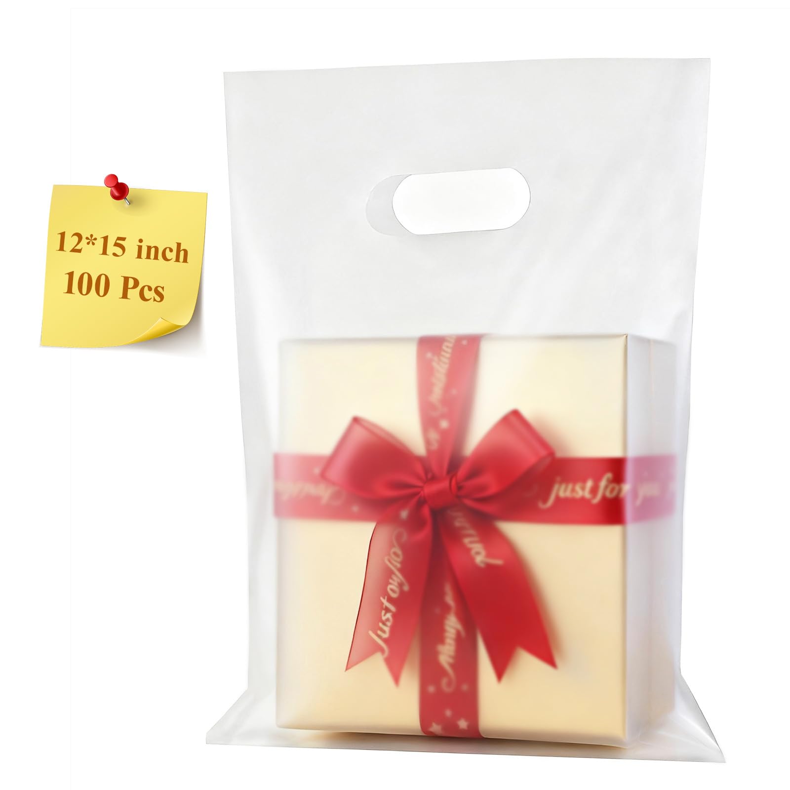 Photo 1 of COSGOOLK 100 Pcs Plastic Bags With Handles 12"x15", Clear Gift Bags Shopping Merchandise bags for Small Business Retail Stores