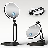 Magnifying Mirror with Light 10X/1X, Double Sided Travel Makeup Mirror with Lights and Magnification, Rechargeable 3 Colors Dimming Lighting, Large Size of 6inch, Foldable Design, 360°Angle Adjustable