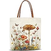 GOODBANER Mushroom Floral Canvas Tote Bag for Women, Butterfly Aesthetics Tote Bag, Mushroom Gifts for Women Reusable Christmas Gifts Beach Bags -06