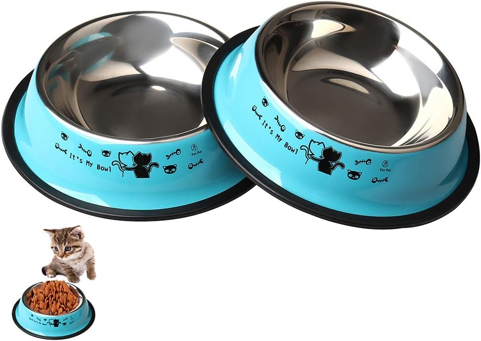 ZHIYE Stainless Steel Pet Bowls for Cats,2 Piece Non-slip Dog Feeding Bowl Small Dogs Cats, Blue
