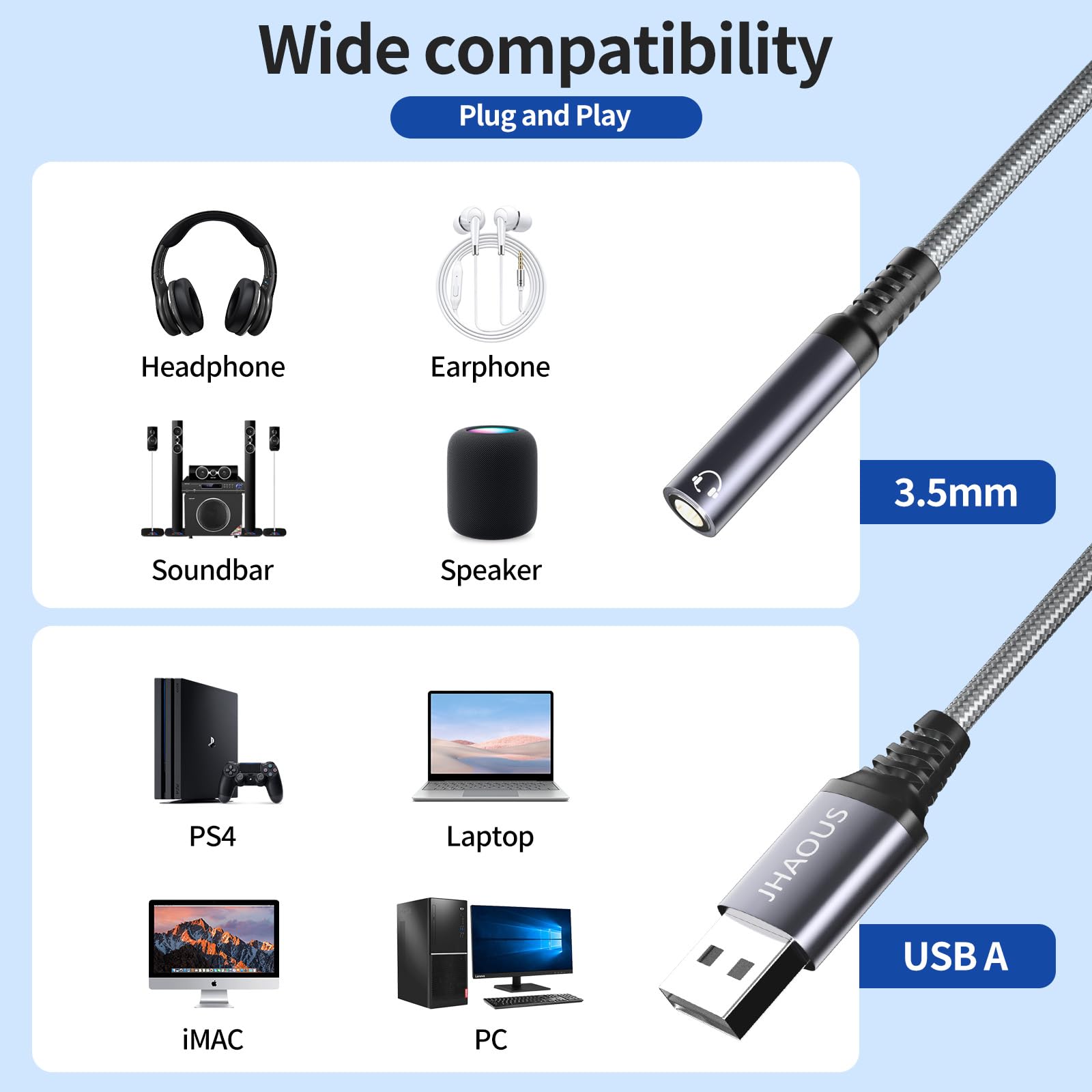 USB to 3.5mm Jack Audio Adapter, TRRS Female Headset Audio Jack Adapter, JHAOUS USB-A to 3.5mm AUX Stereo Converter Compatible for PC Windows, Laptop, Mac, Desktops, Linux, PS5 PS4 Docking Station
