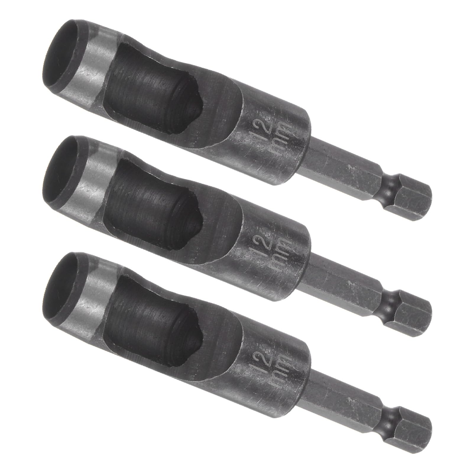 Kozelo 3pcs Leather Hole Punch Tool - [12mm x 1/4" Shank] Extension Hex Shank Drill Bit High-Carbon Steel Rotary Hollow Puncher for Fabric Leathercraft Belts Use, 135mm Length