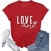 Women's Shirts Love More Letter Print T Shirt Cute Love Heart Graphic Print Tops Basic Summer Casual Short Sleeve Tee