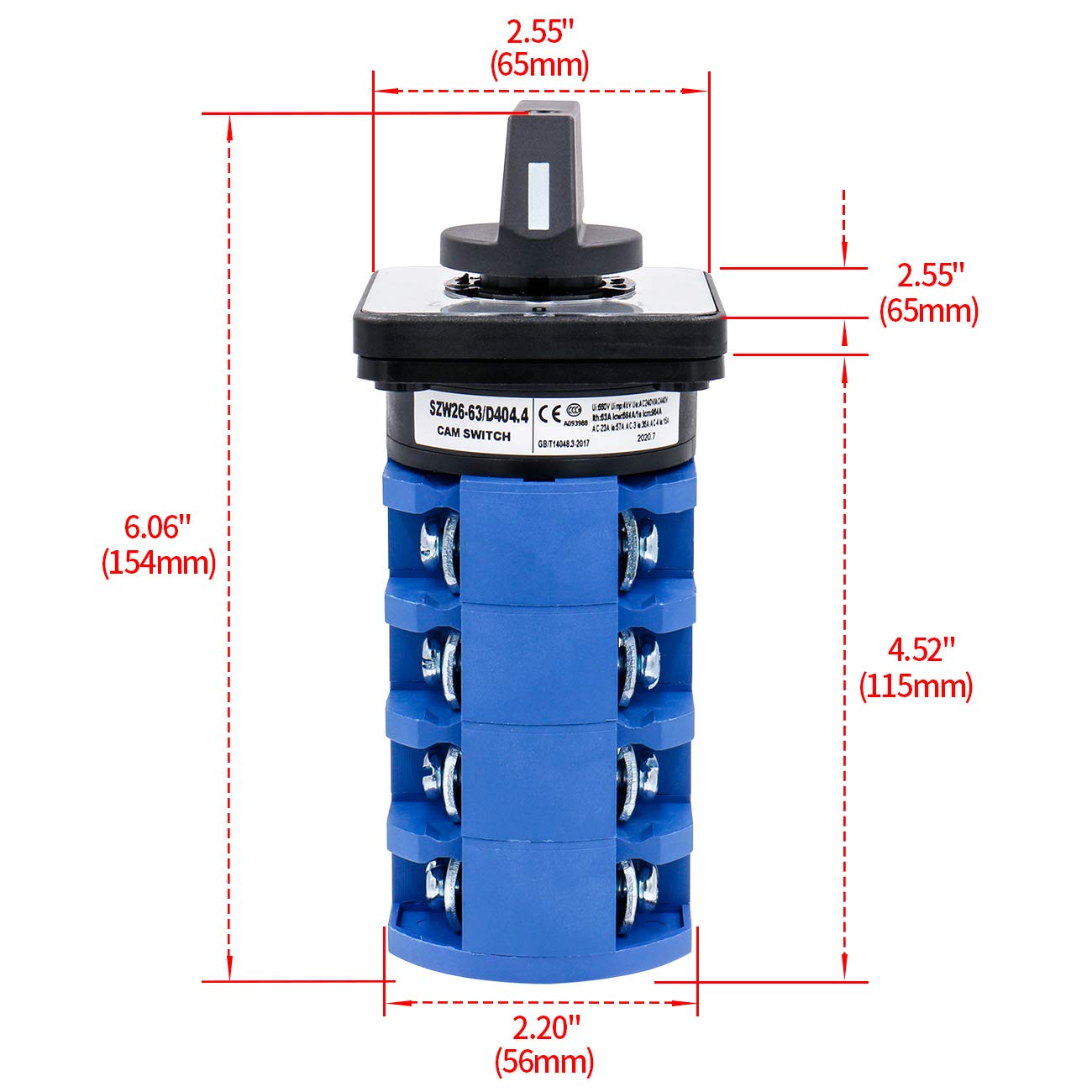 Heschen Universal Rotary Cam Selector Changeover Switch SZW26-63/D404.4 660V 63A ON-OFF-ON 3 Position 4 Phase 16 Terminals,Suitable For Manually Switching AC Circuits - Image 5