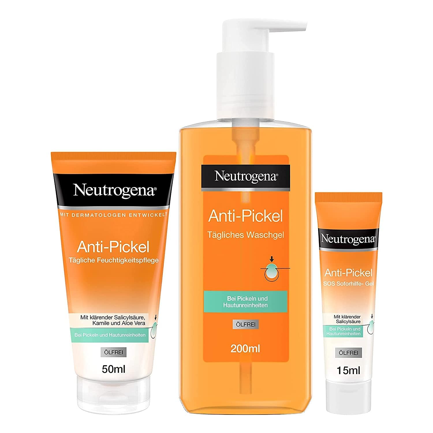 Neutrogena Anti-Pimple Skincare Set with Daily Wash Gel (200 ml), Daily Moisturiser (50 ml) & SOS Instant Aid Gel (15 ml), Face Care with Clarifying Salicylic Acid