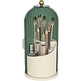 Emljkvp Makeup Brush Holder with Dustproof Cover 360 Rotating Makeup Brush Organizer for Vanity Bathroom, Green