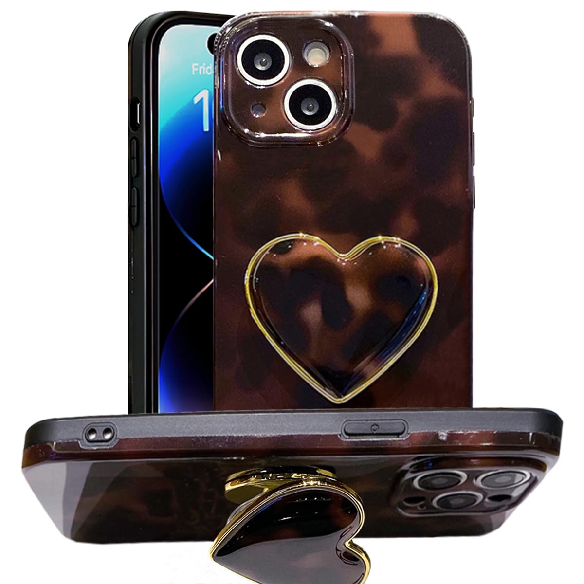 Espumoso Compatible with Cute iPhone 15 Case 6.1'', Tortoise Shell Phone Case with Dark Brown Amber Print Leopard Heart Holder Stand Kickstand Shockproof TPU Protective Cover for Women Girls