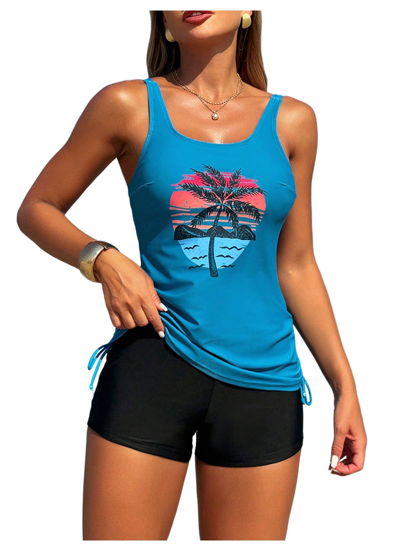 Photo 1 of SweatyRocks Women's Tropical Print Tankini Swimsuit Drawstring Swim Top with Boyshorts Beachwear Blue Medium