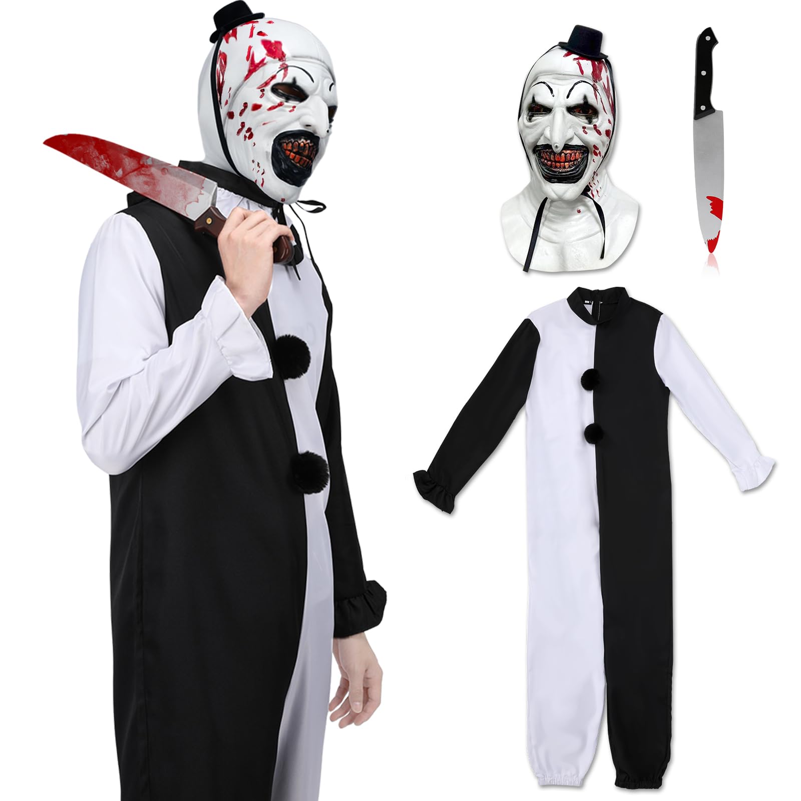 Applysu Terrifier Costume Adult Art The Clown Costume Halloween Night Killer Scary Terrifier Jumpsuit for Cosplay Party