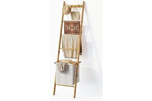 BAMBANG Blanket Ladder with Basket, 5- Tier Blanket Quilt Holder Towel Rack with 4 Hooks for Living Room, Wall Leaning Decora