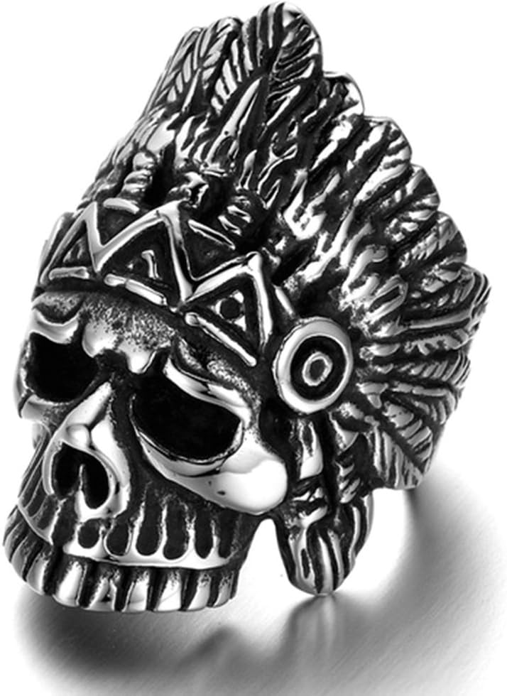 Alimab Stainless Steel Finger Rings Feather Indian Headdress Punk Skull for Men