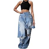 Women's Ripped Jeans Cargo High Waisted Tie Dye Boyfriend Jeans Loose Patchwork Denim Pants with Pocket