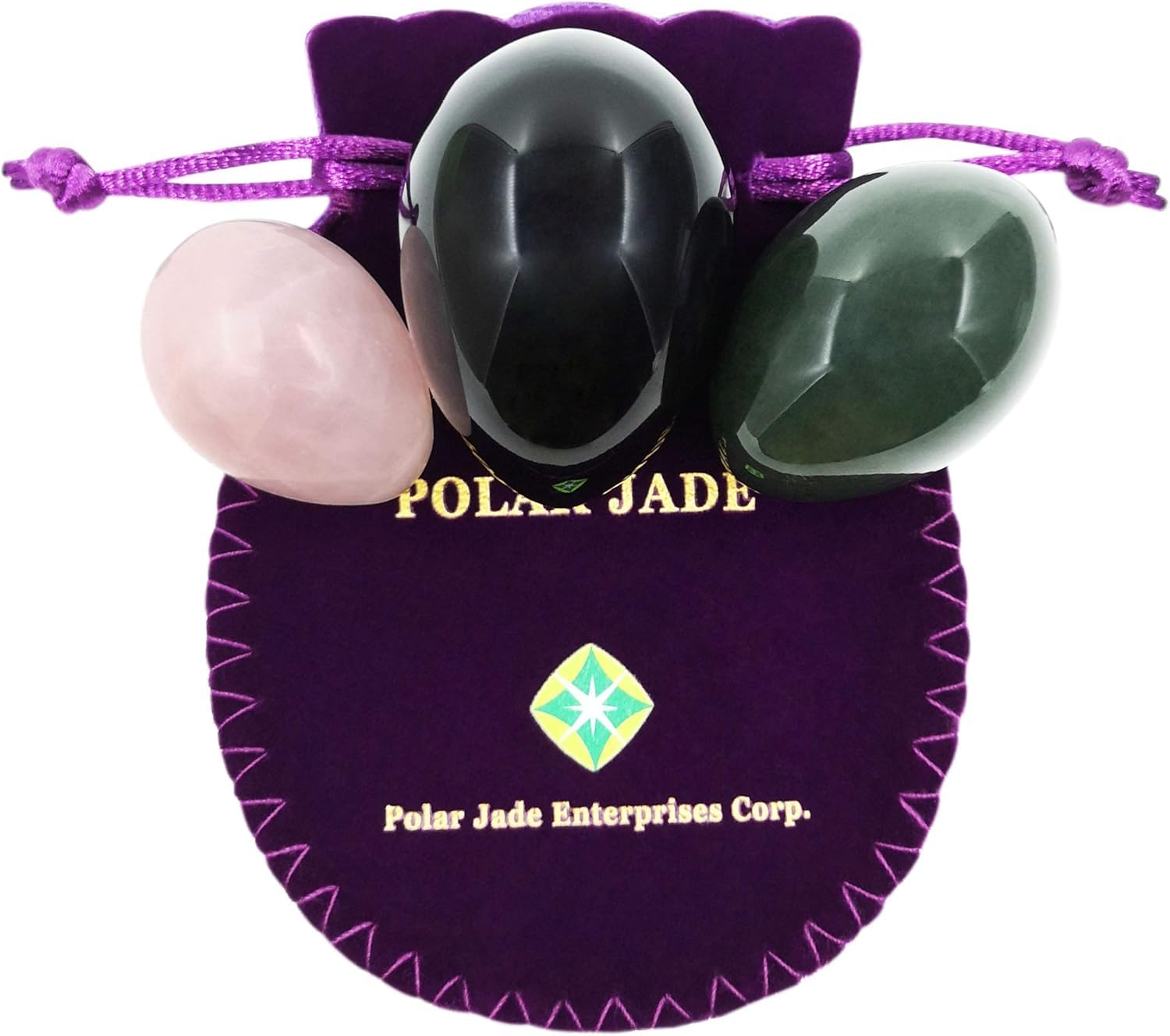 Kegel Muscle Training Eggs 3-pcs Set with 3 Sizes and 3 Gemstones, with Unwaxed Thread & Instructions, Made of Nephrite Jade, Rose Quartz and Obsidian, for Pelvic Floor Muscles Training, Polar Jade (Predrilled)