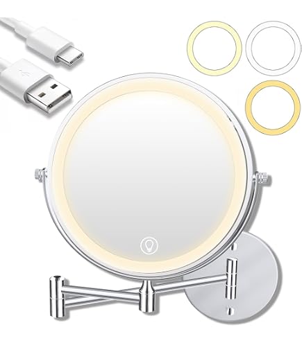 yngtoue Miroir de maquillage 22,9 cm avec lumières et grossissement x10 LED rechargeable, rotation à 360°, miroir de courtoisie pivotant 3 couleurs (940B10X