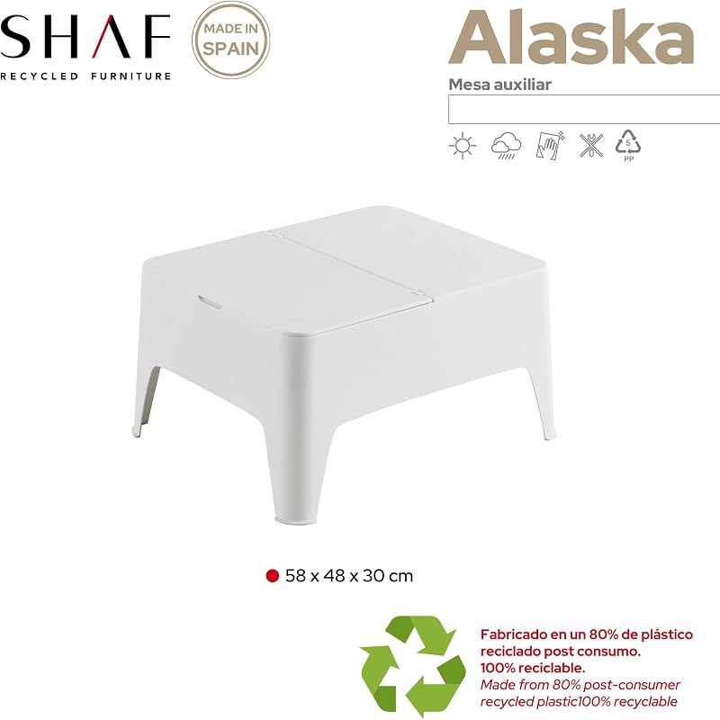 SP Berner - Mesa Auxiliar Alaska - Ligera, Apilable y Resistente - Uso Exterior - Con Cajón de Almacenaje - Fabricada en España con Plástico Reciclado - 58 x 48 x 30 cm - Blanca — foto 5 de 5