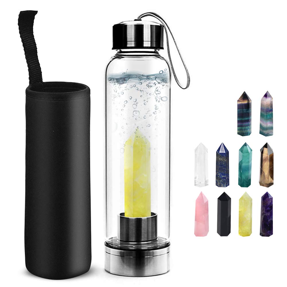 Tyuodna?Crystal?Water?Bottle,Removable?Natural?Crystal?Quartz?Water?Bottle,Healing?Natural?Quartz?Water?Bottle?BPA?and?BPS?Free?Durable,Portable?Leak?Proof?Gemstone?Bottle?550ml?(Yellow?Crysta+Bottle)
