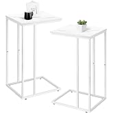 Possile C Shaped End Table Set of 2 for Sofa and Bed, Slide Under Couch Tables, Side Table With Faux Marble Top, Small Under Table Tray for Living Room, Bedroom, White