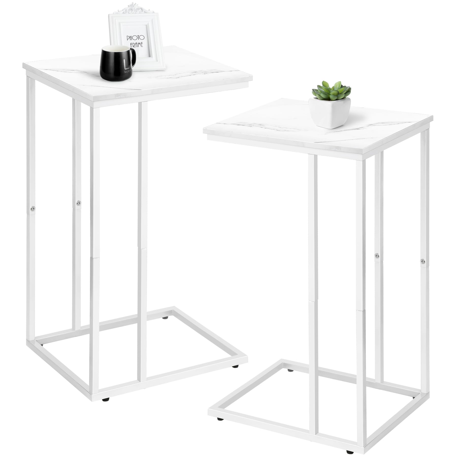 Photo 1 of **FOR PARTS ONLY/MISSING PIECES** Possile C Shaped End Table Set of 2 for Sofa and Bed, Slide Under Couch Tables, Side Table With Faux Marble Top, Small Under Table Tray for Living Room, Bedroom, White