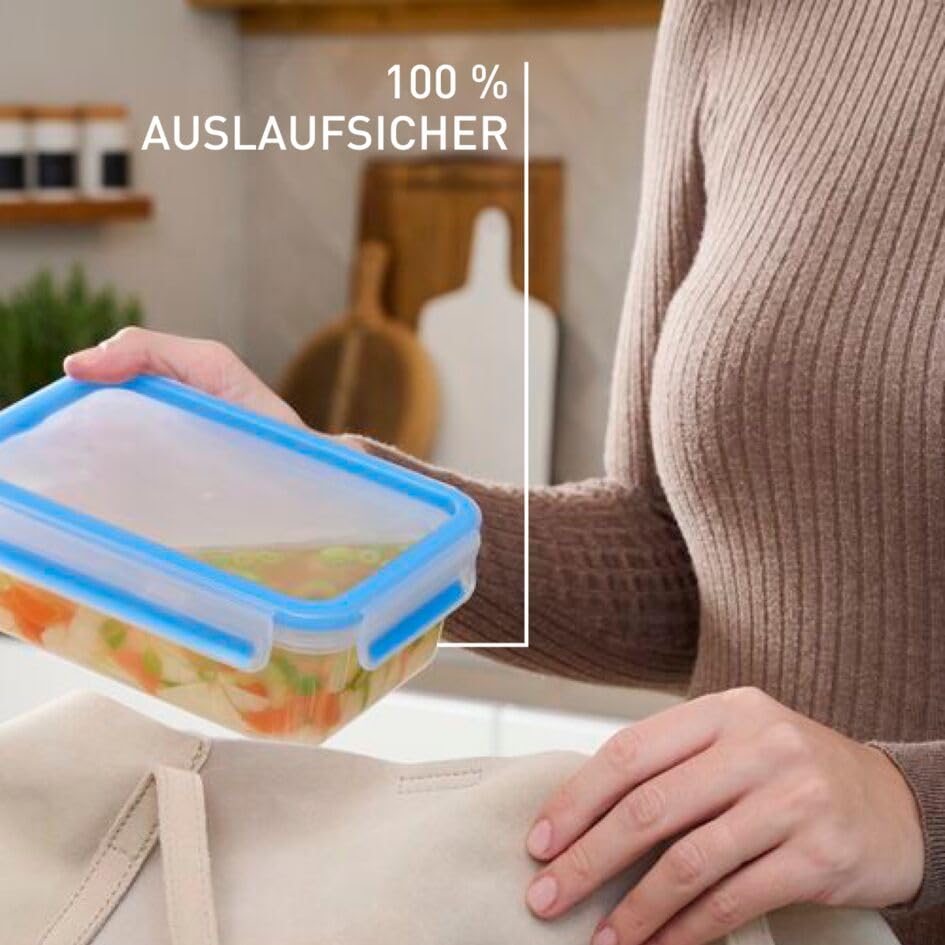 EMSA Clip & Close Frischhaltedosen-Set, rechteckig, 3 x 1 L, mit Deckel, Aufbewahrungsboxen, 100 Prozent dicht, spülmaschinen-, gefrier-, mikrowellenfest, Transparent, Blau, Made in Germany, N10313 5