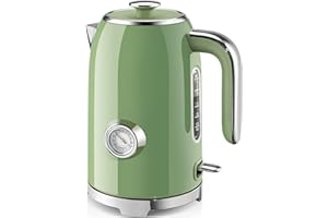 SUSTEAS Electric Kettle - 57oz Hot Tea Water Boiler with Thermometer, 1500W Fast Heating Stainless Steel Pot, Cordless LED Indicator, Auto Shut-Off & Boil Dry Protection, Retro Green
