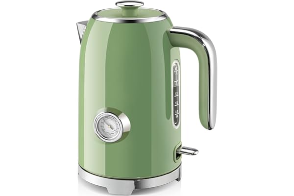SUSTEAS 57oz Electric Kettle with Thermometer, Hot Water Pot, Retro Green | Electric Tea Kettle for Boiling Water, 1500W Stainless Steel Pot, Cordless LED Indicator, Auto Shut-Off & Boil Dry Protection