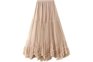 COZYPOIN Maxi Tulle Skirts for Women Elastic High Waisted A Line Long Layered Tutu Mesh Ruffles Tiered Flowy Fairy Skirt