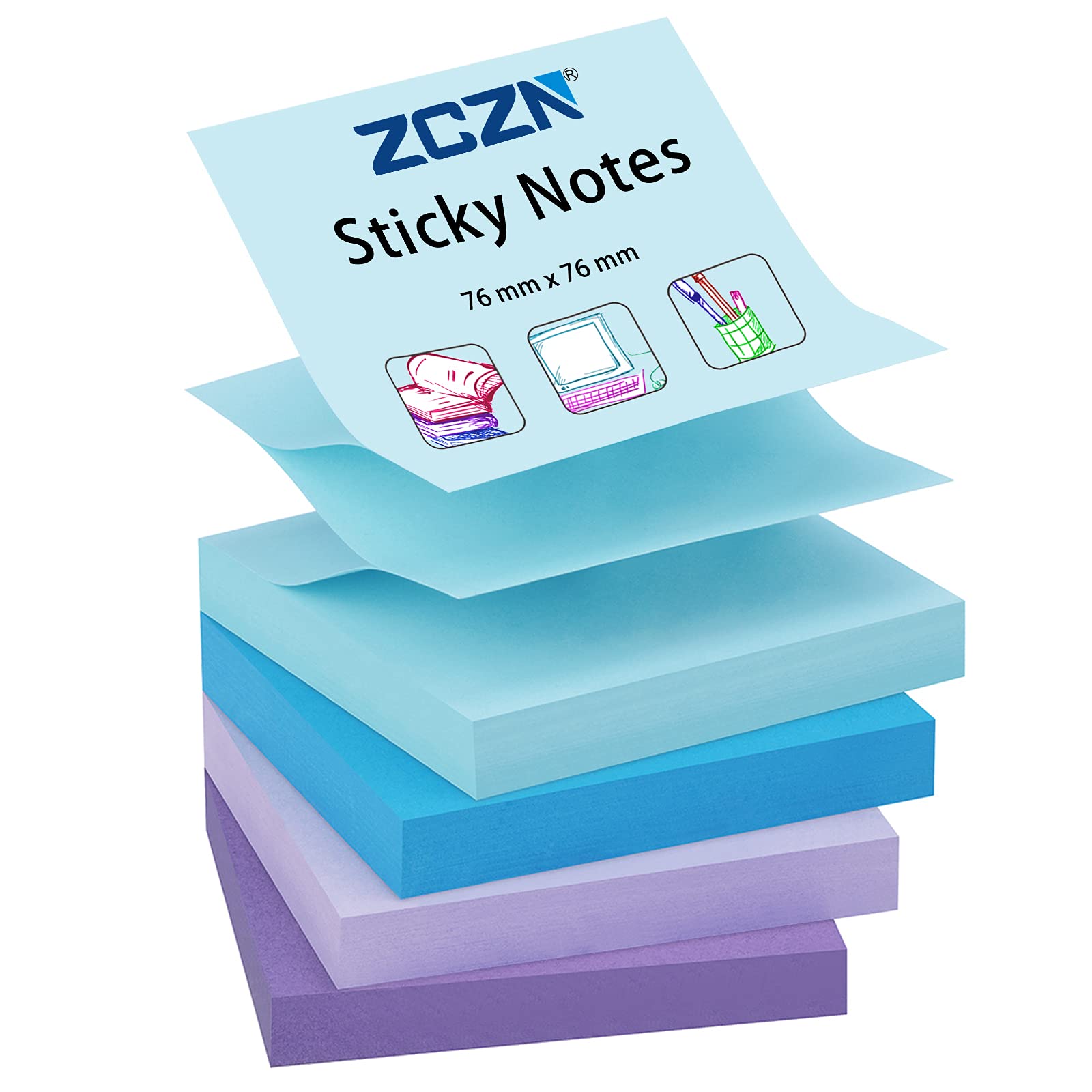 ZCZN Pop-up Sticky Notes 76 x 76 mm, 4 Pads Assorted Colours Self-Stick Notes, 100 Sheets/Pad, (Blue, Light Blue, Purple, Light Purple)