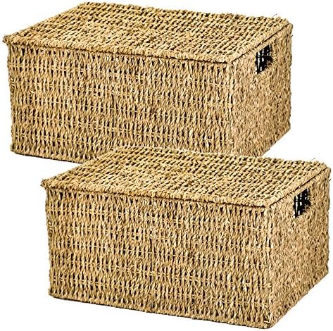 east2eden Lidded Seagrass Storage Hamper Basket in Choice of Sizes (Set of 2 Medium)