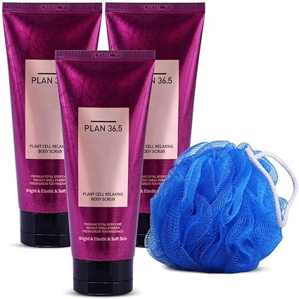 Plan 36.5 Korean Body Scrub pack of 3 with1 Loofah Tan Removal|Body Exfoliator With Walnut Shell Powder| Honey (200 ml each)