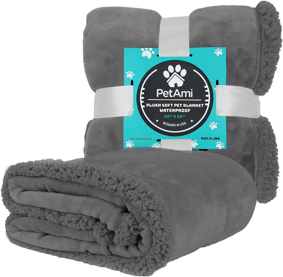 PetAmi WATERPROOF Dog Blanket for Bed Couch Sofa | Waterproof Dog Bed Cover for Large Dogs, Puppies | Grey Sherpa Fleece Pet Blanket Furniture Protector | Reversible Microfiber | 60" x 80" (Gray/Gray) : Pet Supplies