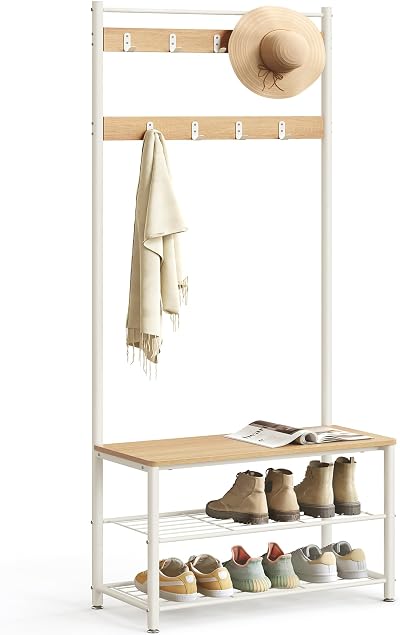 VASAGLE 3-in-1 Coat Rack with Shoe Bench Oak Cream HSR041W09