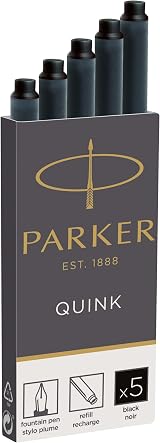 Parker Fountain Pen Ink Refill Cartridges Long Black QUINK Ink 5 Count