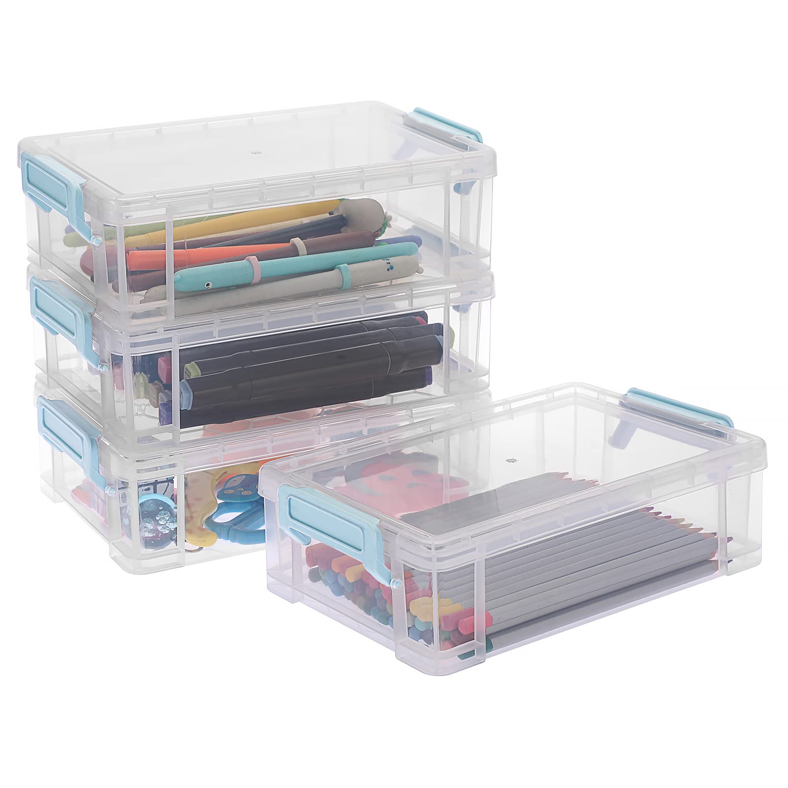 BTSKY Pack of 4 Stackable Transparent Pen Boxes, Office Supplies Storage Boxes, Multifunctional Storage Boxes, 19.5 x 12 x 6 cm Intermediate Size (Blue Buckle)
