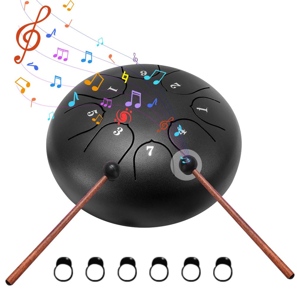 YANGUN Steel Tongue Drum, 6 Inches 8 Notes Buddha Stones Mini Steel Tongue Drum, Outdoor Rain Chime Musical Instrument with Drumsticks, Bag, Music Book, Ethereal Drum for Gifts, Meditation(Black)