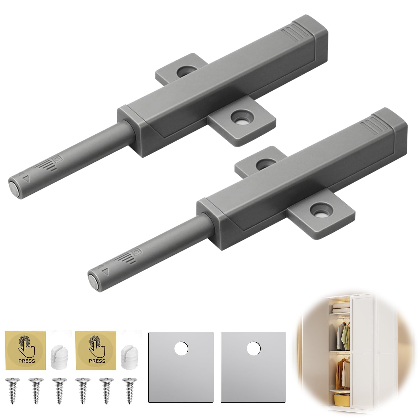 2PCS Push to Open Door Catch, Magnetic Push Latch 50N Spring Release Open Catch Heavy Duty Push Door Catch Touch Open Door Closing for Kitchen Cupboard Wardrobe Closure Drawer No Handle Door Mechanism