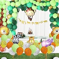 148 Pack Jungle Safari Theme Party Decorations Set：148 latex balloons, 12 Green Palm Leaves, 1 banner 4 cake topper 16 feets Arch Balloon strip tape, 1 Balloon tying tools Safri party Supplies Favors for Kids Boys Birthday Baby Shower Decor