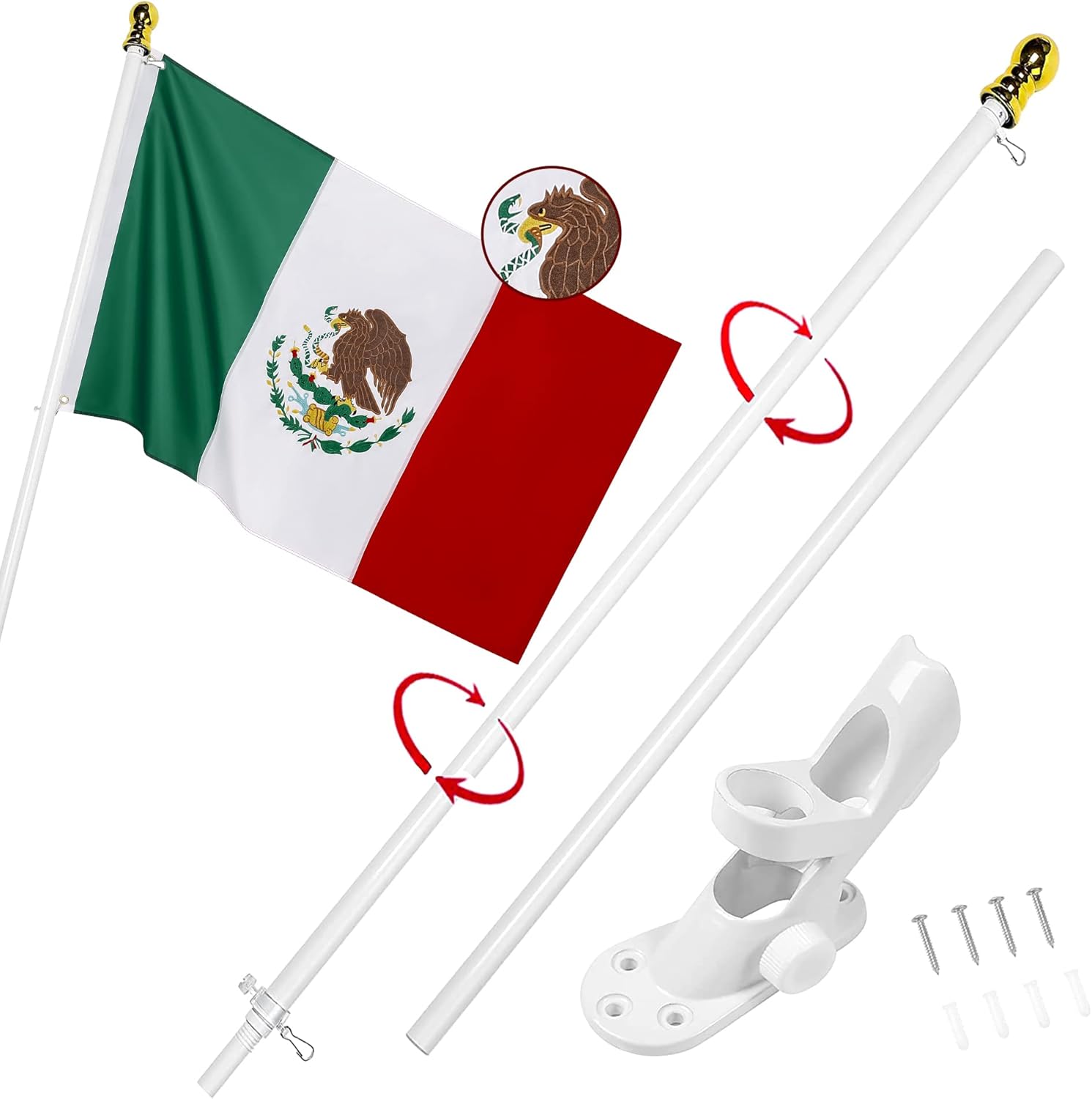 Flagpole Hardware - This Mexico Flag 3x5 ft with White Pole Kit: Longest Lasting MX Mexican Flag, Embroidered Image, Brass Grommets, 6 Ft No Tangle Flagpole Aluminum and 2-Position Flag Pole Bracket