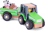Woet Wooden Toy Tractor with Trailer Green Farm Play Vehicle with 2 Animals view 3
