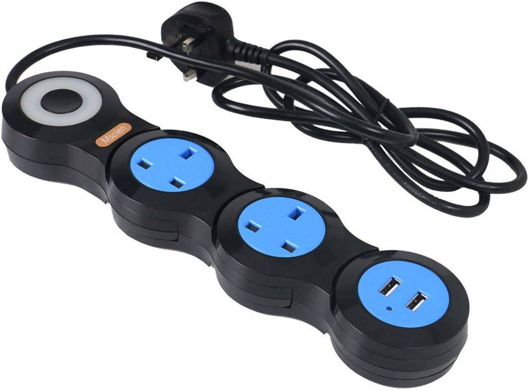 Mscien Extension Lead Power Socket Power Strip Flexible Rotary Movable Socket With Indicator Light 1.8 M Cord 2500W/10A Black (2 Gang - 2 USB Port)