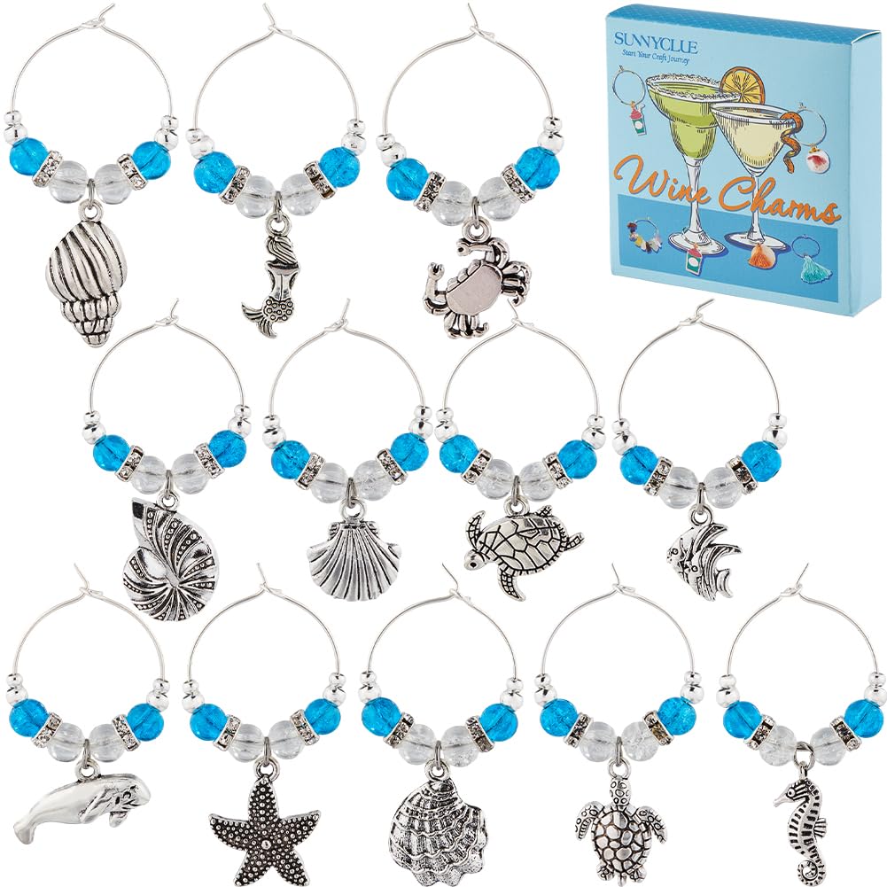 SUNNYCLUE 1 BOX 12PCS Silver Beach Wine Glass Charms Summer Drink Marker Charm Tags Alloy Antique Ocean Hawaii Turtle Identifiers for Stem Glasses Wine Tasting Gathering Gift Party Decor Supplies