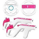 LongLongJin 2 Racing wii Steering Wheels And 2 wii Zapper Gun Controller Premium Wii Accessories, Compatible With Nintendo Wii U Remote and Nunchuck Games(White)