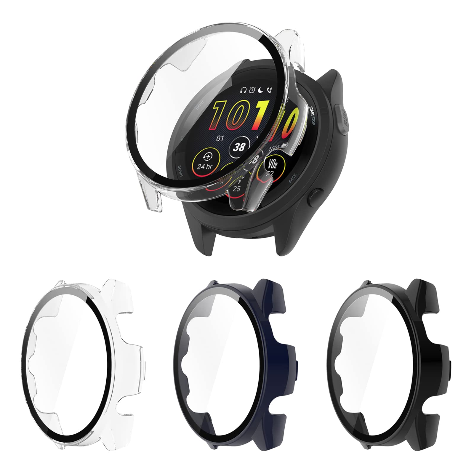 Hard PC Case Compatible with Garmin Forerunner 265 Screen Protector Cover, Tempered Glass Full Cover Case Bumper Shell for Garmin Forerunner 265 Smartwatch Accessory (Black/Blue/Clear)