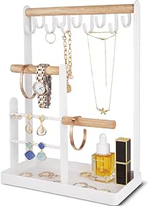 Snazzify 5-Tier Jewelry Organizer Stand – Necklace & Earring Holder With 15 Hooks (White)